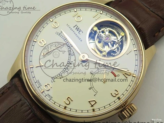 MIROTIME 1222 Portuguese Tourbillon IW504602 RG ZF Best Edition White Dial on Brown Leather Strap Stretchable 7178